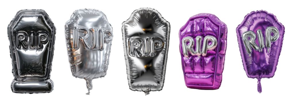 Silver and purple coffin shaped balloons with RIP letters, festive Halloween decoration
