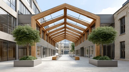 Eco-friendly office block with floor-to-ceiling windows overlooking a central courtyard planted with native pine and birch trees, rainwater harvesting channels, and solar arrays integrated into