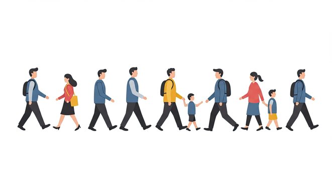 Illustration of diverse people walking forward in a line against a white background - Powered by Adobe