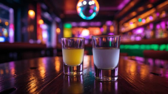 Table displaying shot glasses filled with liquor. Selective Focus