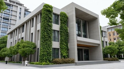 Fototapeta premium Green office facade clad in climbing ivy and small deciduous trees in vertical planter modules, with integrated solar shading, double-skin glazing, and rooftop forest patches reducing COâ‚‚ and