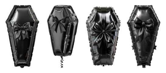 Black coffin shaped balloons with decorative bows, perfect for spooky or gothic celebrations