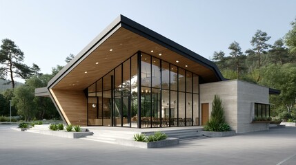 Modern coworking hub with glass faÃ§ade opening onto a rooftop forest of native hardwoods, drip irrigation lines, seating pods among trunks, and photovoltaic panels beneath canopy shading for