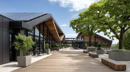 Fototapeta premium Modern office rooftop commons planted with mixed forest understory species, pathways winding among young oaks, solar benches beneath tree canopies, and views over adjacent green roofs reducing