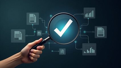 Businessman holding a magnifying glass with icons, steps review concept, Go through documents with checkbox lists, rules of conduct, and policies, Company Articles of Association Terms and Conditions.