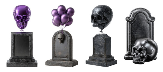 Grim Halloween tombstones with skull balloons and dark eerie atmosphere