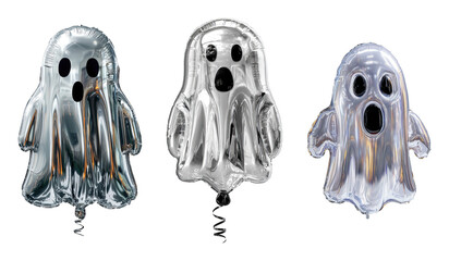 Silver ghost shaped balloons with surprised faces, floating with shiny metallic reflections