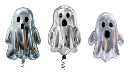 Silver ghost shaped balloons with surprised faces, floating with shiny metallic reflections