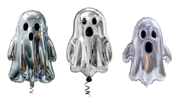 Silver ghost shaped balloons with surprised faces, floating with shiny metallic reflections