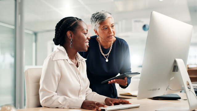 Computer, teamwork and review with business women in office for accounting discussion, audit feedback or talk. Tech, portfolio manager and collaboration with mentor, tablet and finance agency report