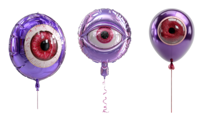 Purple eyeball balloons with red iris and black pupil floating on transparency background