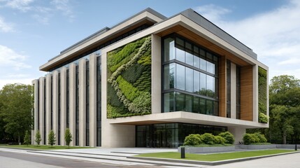 Fototapeta premium Sustainable office park entrance with lined avenues of carbon-sequestering ash and elm trees, green walls climbing the building exterior, and open lawns planted with saplings for a refreshing