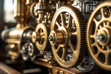 Intricate Golden Gears and Cogwheels of a Vintage Engine
