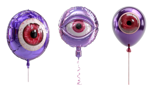 Purple eyeball balloons with red iris and black pupil floating on transparency background