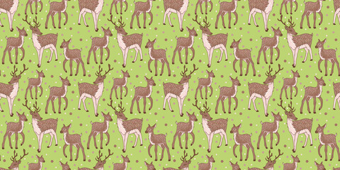 Naklejka premium Family of spotted forest deer with children illustration on light green background. Children's fun zoo pattern seamless wallpaper for baby textiles, fabrics.