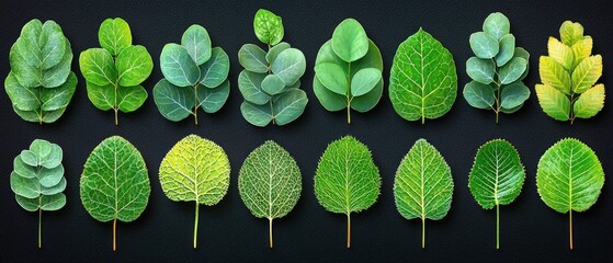 Assortment of vibrant green leaves, varying in shape and size, arranged against a dark backdrop