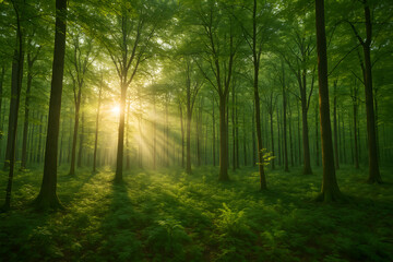 Obraz premium Sunlight streaming through a lush green forest