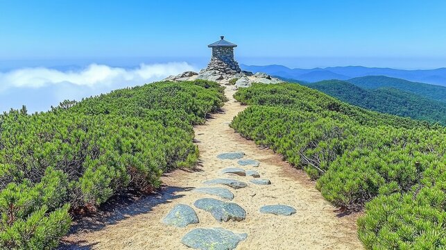 Scenic Mountain Peak With Stone Path Structure and Blue Sky on a Sunny Day