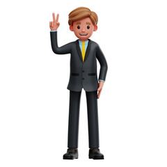 Fototapeta premium 3D businessman character making peace or victory sign with fingers.