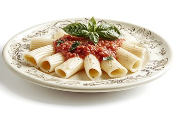 A close-up of rigatoni pasta topped with a rich tomato sauce, served on a decorative plate for a delicious meal