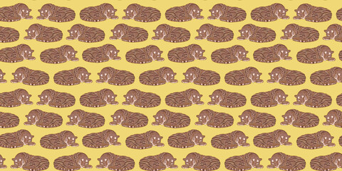 Sleeping tigers illustration on yellow background. Children fun zoo pattern seamless wallpaper for baby textiles, fabrics.