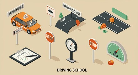 Isometric illustration of driving school elements with car, road, and traffic signs