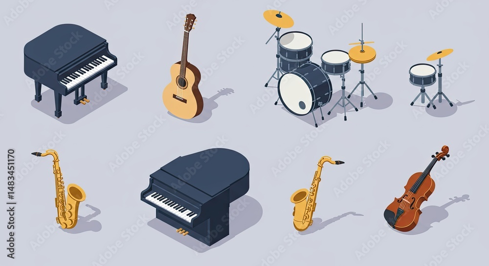 Aufkleber isometric illustration of various musical instruments on a light grey background