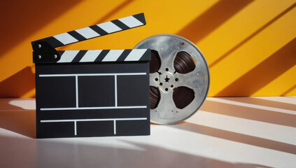 Movie clapperboard and film reel against bright background create cinematic vibe
