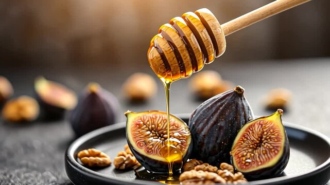 Honey dripping onto sliced figs and nuts.