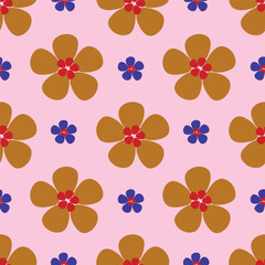 Trendy floral seamless pattern. Simple red and beige daisy. Spring flower template for packaging, postcards, textile printing, wallpaper. Hand drawn illustration isolated on white background