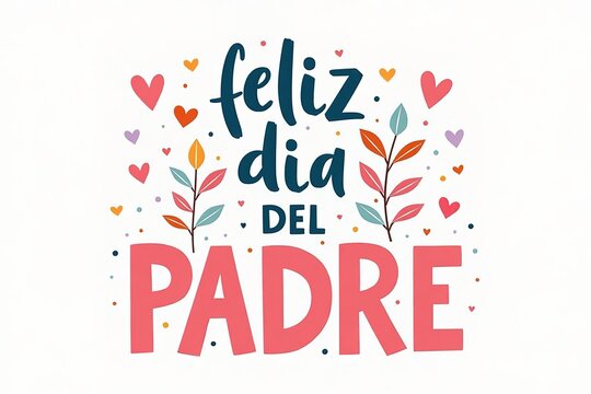 &ldquo;feliz dia del padre&rdquo; text on a white background, surrounded by colorful hearts and leafy branches, ideal for Spanish - speaking Father's Day greetings and festive, nature - inspired designs.