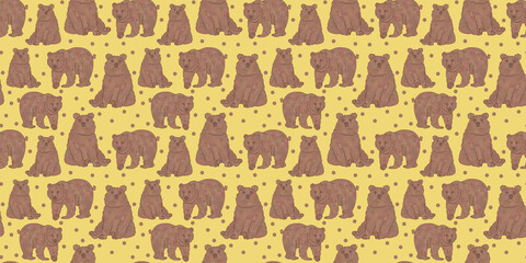 Children yellow wallpaper with teddy bears. Seamless zoo animal pattern. Hand drawn illustration