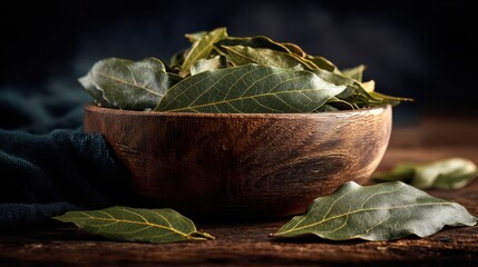 Rustic Wooden Bowl with Fresh Green Leaves on Table