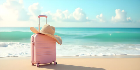 Pink suitcase with straw hat on sunny beach at tropical caribbean resort. Vibrant luggage on sandy shore with sea on background. Summer holiday luggage packing and travel concept.