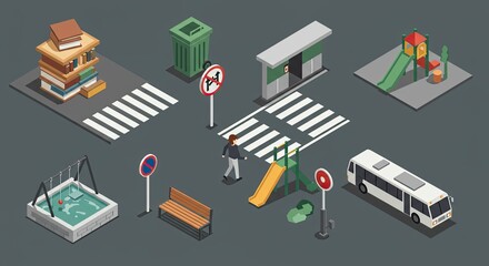 Isometric urban scene with pedestrian crossing, bus stop, playground and street elements