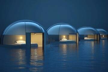 Floating dome accommodations on water at night