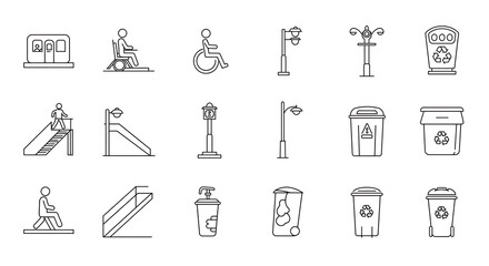 Linear illustration of public park elements and accessibility with inclusive designs