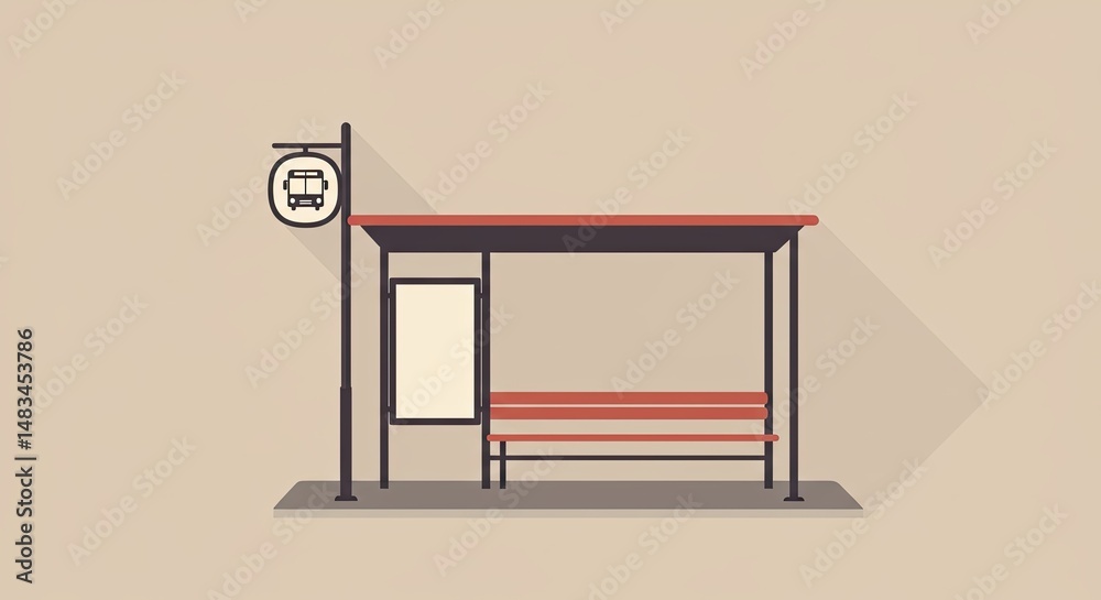Poster minimalist illustration of a bus stop with a sign and bench on a neutral background