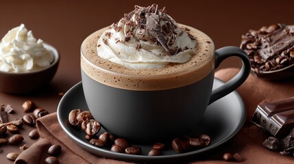 Delightful whipped cream coffee topped with chocolate shavings on a cozy brown backdrop perfect for a warm afternoon break