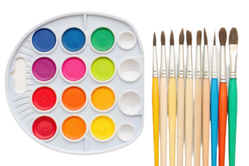PNG Bright watercolor paint palette with multicolored brushes on white background