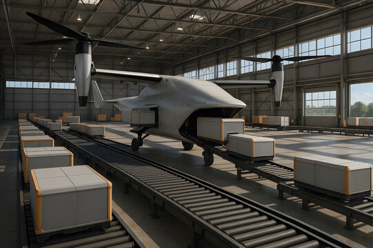 Seamless 4 K loop inside hybrid warehouse-vertiport: conveyor belts feed a rectangular cargo pod into the belly of a freight eVTOL. Indicator panel counts weight, industrial daylight. 
