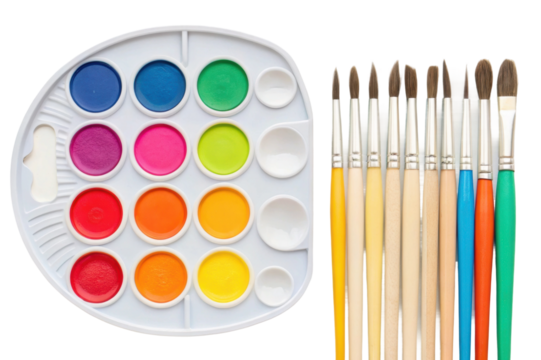 PNG Bright watercolor paint palette with multicolored brushes on white background