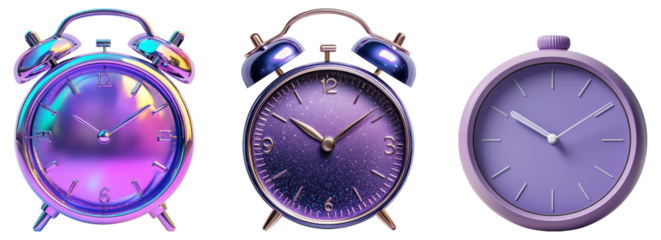 Colorful Alarm Clocks Isolated on Transparent Background for Design
