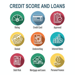 Credit Score and Loans Icon Set with Approved Credit Underwriting Interest Rates Debt Mortgage Refinance