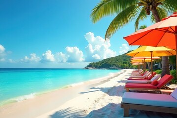 Obraz premium Sun-drenched beach scene with turquoise water and vibrant umbrellas , paradise, parasol