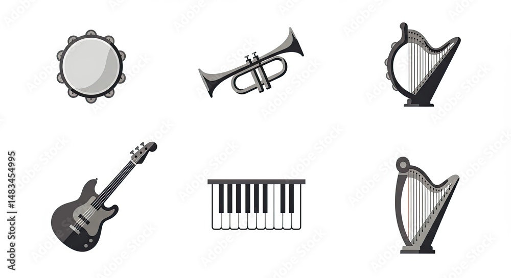 Poster musical instruments arranged on a white background, ready for a performance.