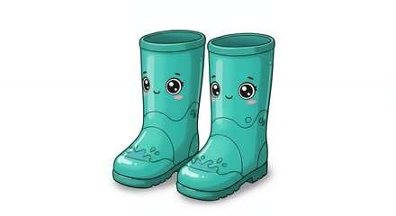 Cute cartoon teal rubber rain boots