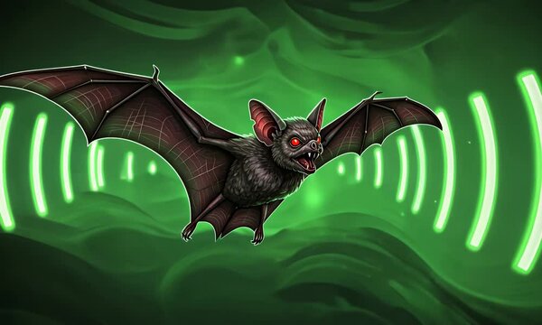 Bat with red eyes flying amidst green sound waves