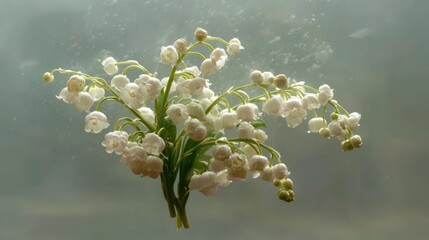 A floating cluster of Lily of the Valley flowers drifting gracefully in an airy mist-filled environment