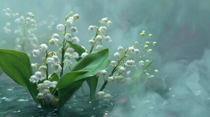 A floating cluster of Lily of the Valley flowers drifting gracefully in an airy mist-filled environment